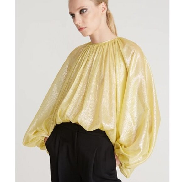 Halston Violet Lurex Chiffon Bodysuit 2 Flaxen Gold Metallic Balloon Sleeve 70s - Picture 1 of 7